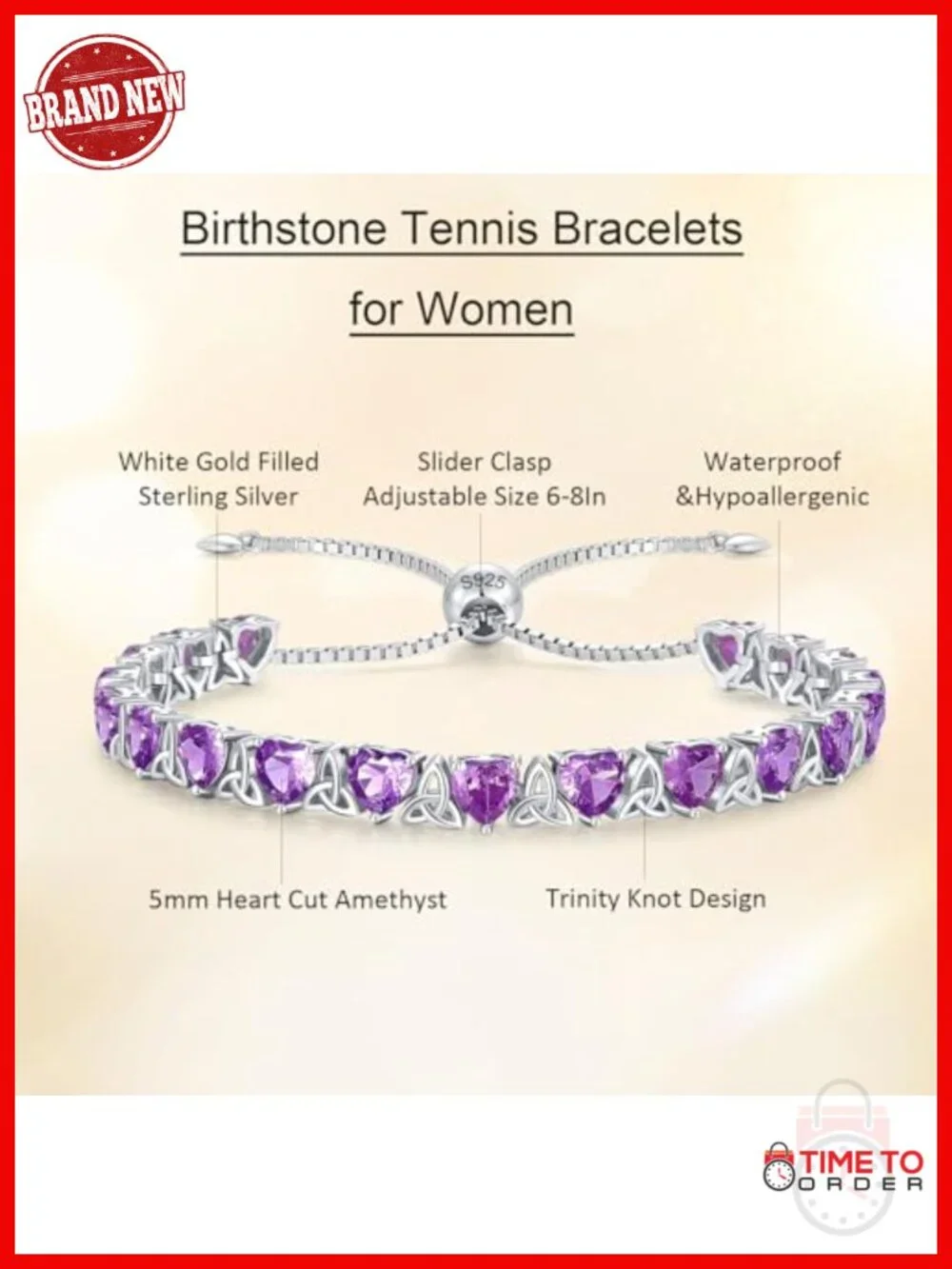 Heart Shaped Amethyst Tennis Bracelet 925 Sterling Silver Trinity Knot